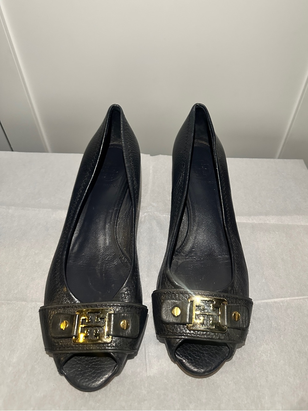 Tory Burch Navy Blue Leather Peep-Toe Kitten Heel Wedge with Gold Logo Accent